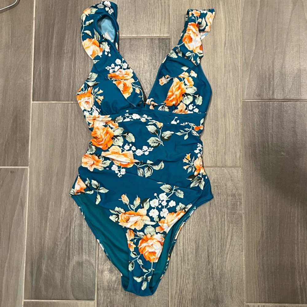 Floral One Piece Swimsuit - Teal and Orange Size Large